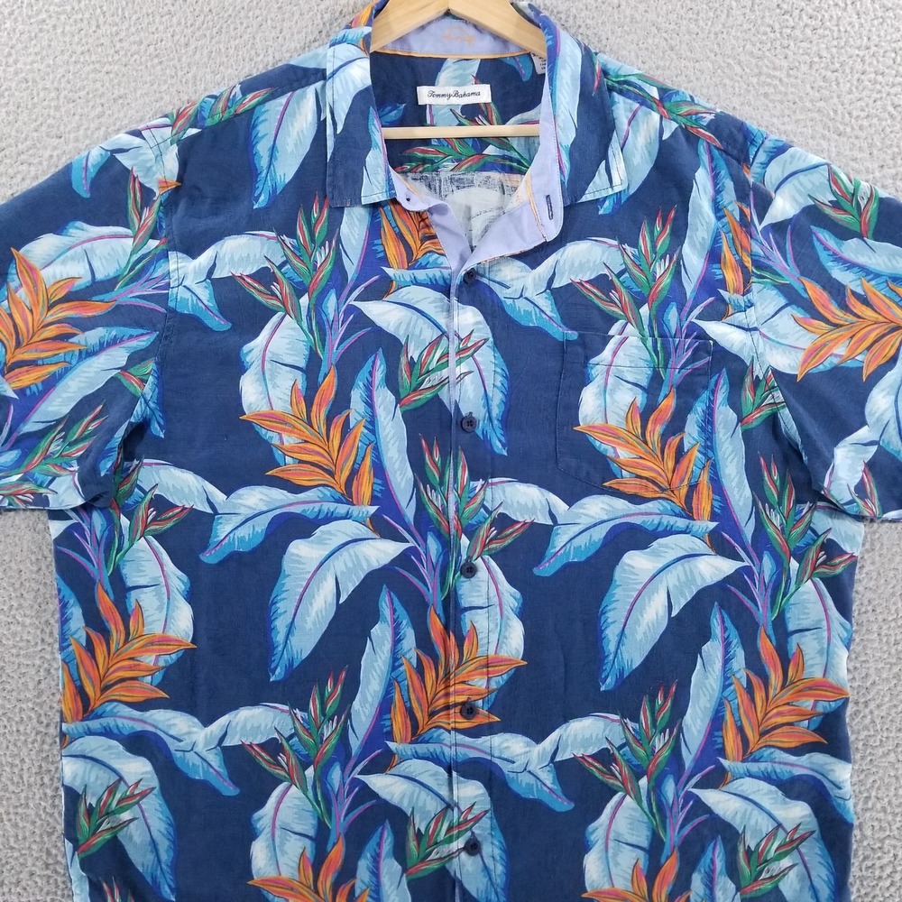 Tommy Bahama Shirt Mens XXL Blue Hot Tropics Silk Hawaiian Floral Tiki Colorful